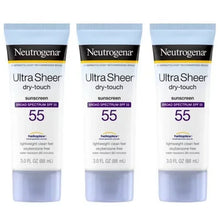 Three Ultra Sheer dry-touch sunscreen tubes, SPF 55, clear gel formula