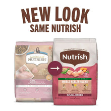 Nutrish dry dog food bag set with 'New Look' packaging and Little Bites pouch