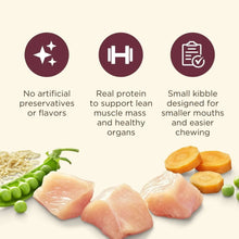 Nutrish dry dog food ingredients collage with chicken pieces, peas, and carrots