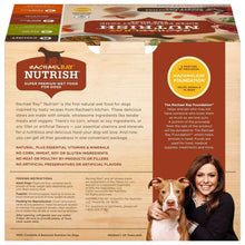 Back panel of Rachael Ray Nutrish wet dog food variety pack with dog photo