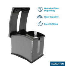 Gray countertop napkin dispenser with open lid and inner tray for napkins