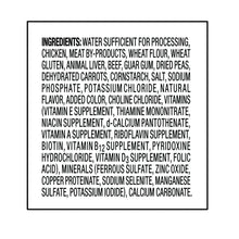Ingredients list for wet dog food, including chicken, wheat flour, beef, vitamins
