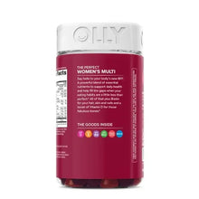 OLLY women’s multivitamin gummy bottle back label with supplement information panel.