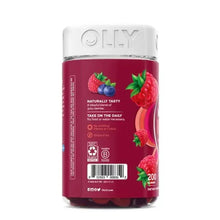 OLLY women’s multivitamin gummy bottle side label with berry and plant ingredient graphics.