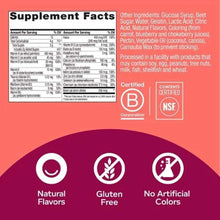 Women’s multivitamin gummy label with Supplement Facts, Natural flavors, gluten free icons.
