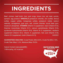 Ingredients and guaranteed analysis panel for Purina ONE wet dog food can.