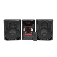 Black stereo speaker system with CD player and front control panel