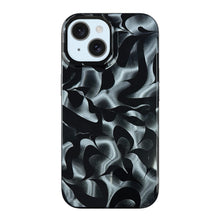 Black phone case with metallic silver ripple pattern and raised camera cutouts