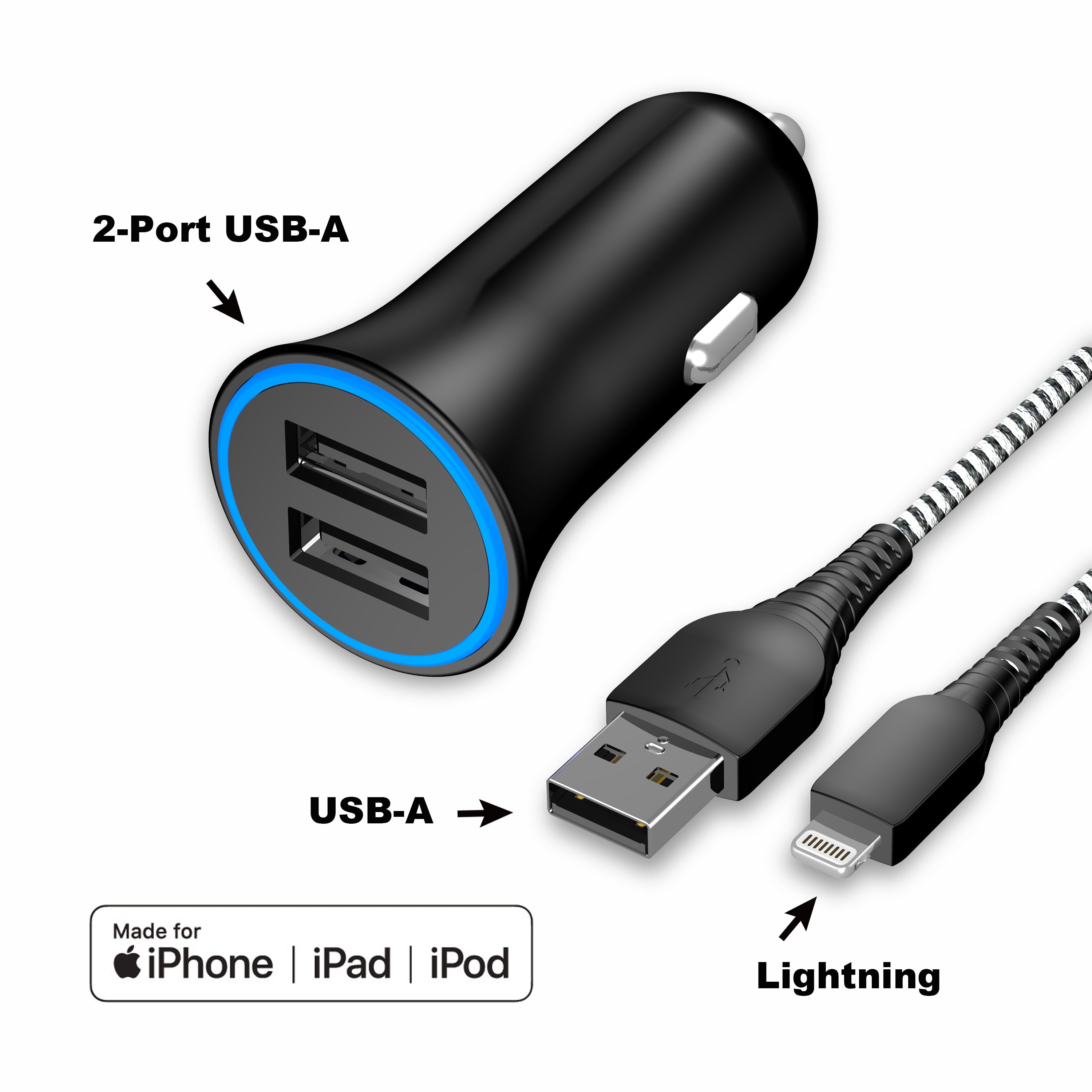 onn. Dual-Port Car Charging Kit with Lightning to USB Cable, White