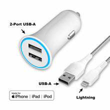 White 2-port USB-A car charger with Lightning and USB-A cable included.