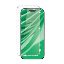 Glitter frame tempered glass screen protector panel aligned to a phone front, sparkly border