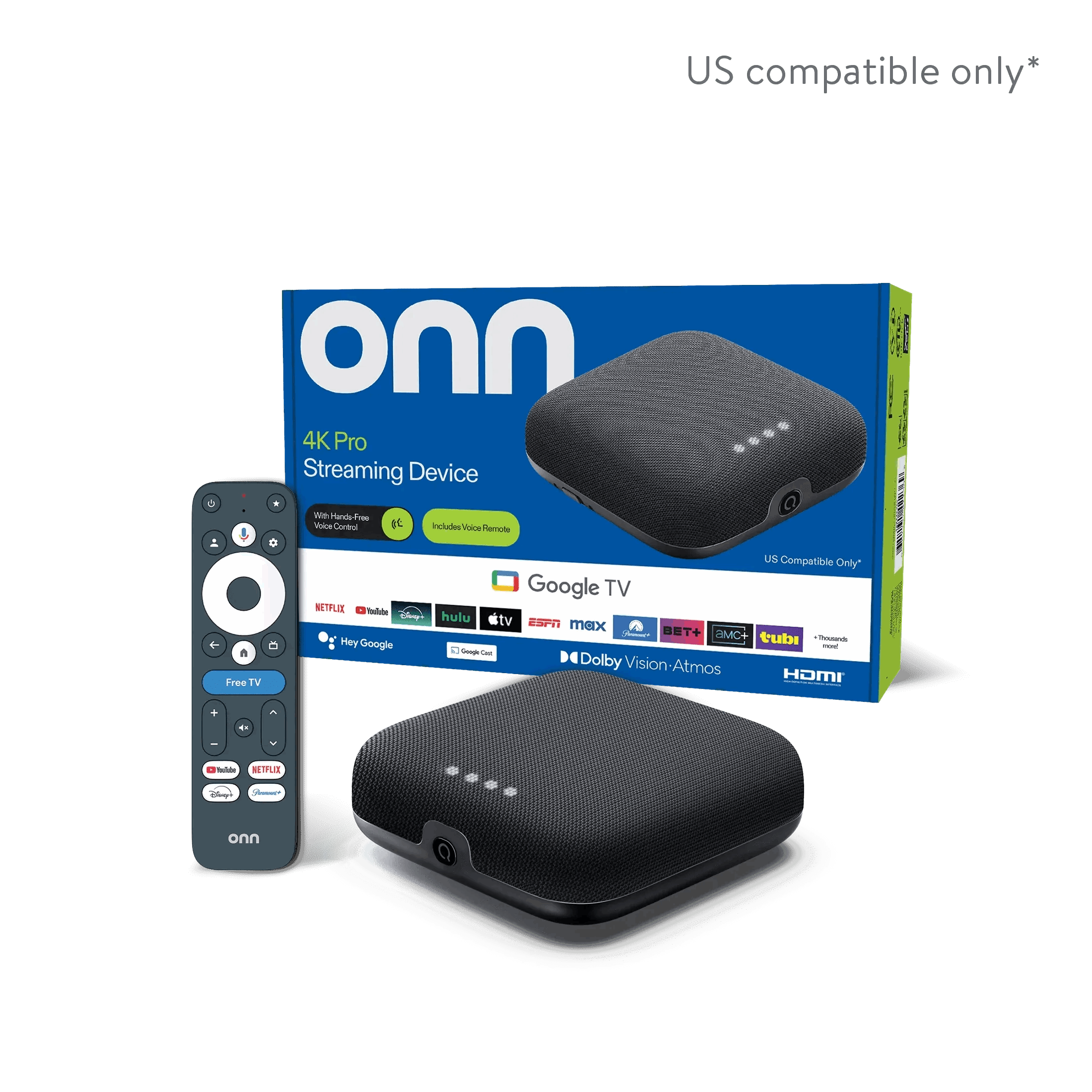 onn 4K Pro Streaming Device, Google TV with Gemini* - Ultra-fast Streaming, Stunning 4K UHD, 32GB Storage, 3GB RAM, Dolby Vision & Atmos, Find My Remote with Backlight, Ethernet Port