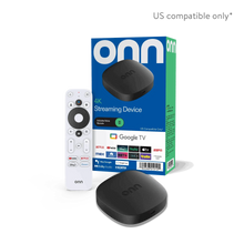 onn 4K Google TV streaming device with black media box and white voice remote