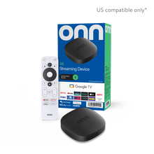 onn 4K streaming device with black set-top box and white voice remote