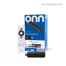 onn Full HD streaming device kit with black streaming puck, remote, and retail box