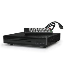 Black HDMI DVD player with front disc slot and remote-control display panel