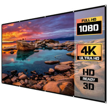 Wall-mounted projector screen with rocky beach scene graphic and resolution badges