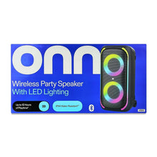 Wireless party speaker box showing speaker with LED lighting features