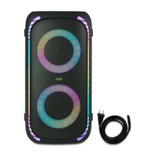 Wireless party speaker front grille with multicolor LED rings and power cable