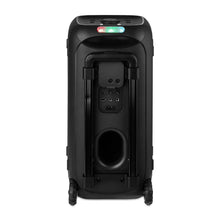 Wireless party speaker rear panel with ports and speaker compartment cover