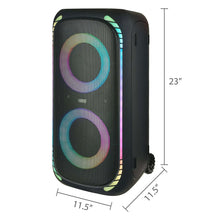 Wireless party speaker front corner with LED rings and size dimensions