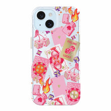 Phone case with pink Vegas card, dice, chip and flame pattern for iPhone