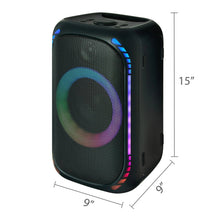 Wireless party speaker size marked 15 in tall and 9 in wide