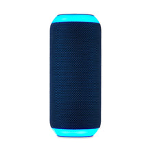 Navy Bluetooth speaker with blue top light and glowing base ring