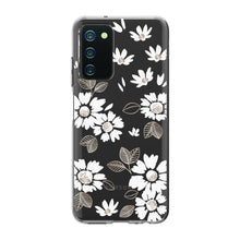 Phone case with black base and white daisy floral pattern