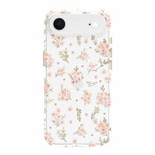 Clear phone case with pink floral pattern and gem-like corner details