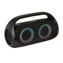 Portable FM boombox with multicolor LED-lit speaker rings and side speaker