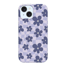 Purple checkered floral phone case with dual camera cutouts