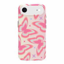 Clear phone case with pink butterfly and star pattern; raised camera openings