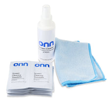 Screen cleaning kit bottle, blue microfiber cloths, and screen cleaning towelettes