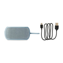 Blue compact Bluetooth speaker with wrist strap and USB charging cable with connectors