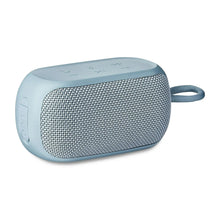 Blue small rugged Bluetooth speaker with top controls, fabric grille, and side wrist strap