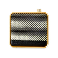 onn small Wi-Fi speaker with Bluetooth, black mesh grille and gold top knob