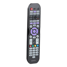 onn. universal 6-device remote, black, front view with purple OK ring