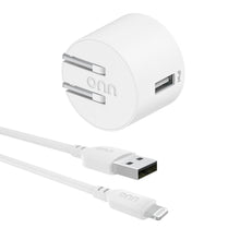 White round USB-A wall charger with Lightning-to-USB cable, 12W.