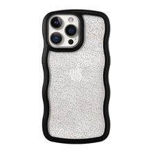 Black and gold glitter phone case with wavy side grip and camera cutouts