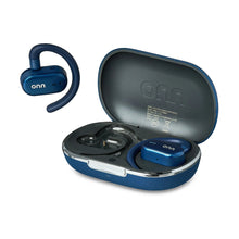 Blue wireless open-ear earphones with charging case open, earbuds shown in case
