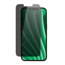 iPhone privacy screen protector on phone front with dark privacy glass overlay