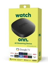 onn 4K Google TV streaming device retail box with watch text and device branding