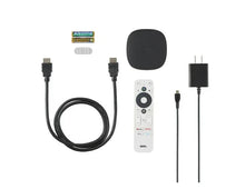 onn 4K Google TV streaming device kit with remote, HDMI cable, and power adapter cords