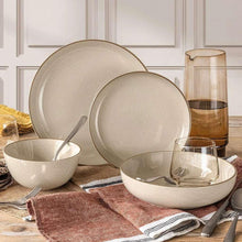 Ceramic 16-piece dinnerware set in beige, with dinner plates and soup bowls