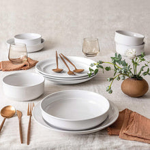 White glossy rimmed porcelain bowls and plates, 12-piece dinnerware set