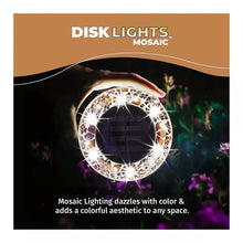 Mosaic solar disk light with reflective border and bright lit LED glow