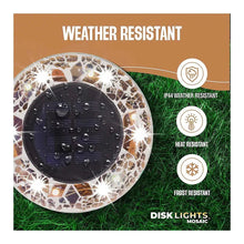 Tan mosaic solar disk light with dark panel, weather resistant design