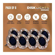 Pack of 8 tan mosaic solar disk lights shown with control and no-wires icons
