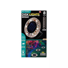 Tan mosaic solar disk lights, 8-pack in retail box with Disk Lights branding